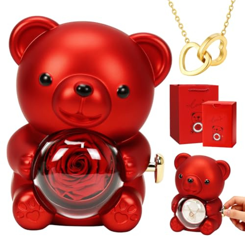 Meleager Ewige Rosen Bär Geschenkbox mit Halskette,Rosenbär Box Geschenk,Ewige Rosenbox für Frauen,Valentinstag, Muttertag, Jubiläum,Geburtstagsgeschenke（Rot） A78-1