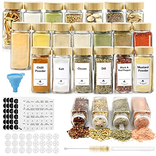 Thokono Gewürzgläser Eckig 36pcs mit Bambus Deckel 120ml, 10,5 x 4,5 cm Gewürzdosen Set mit Schraubkappe, Gewürzstreuer Glas mit Streueinsatz, Gewürzbehälter Gewürze Aufbewahrung Spice Jars