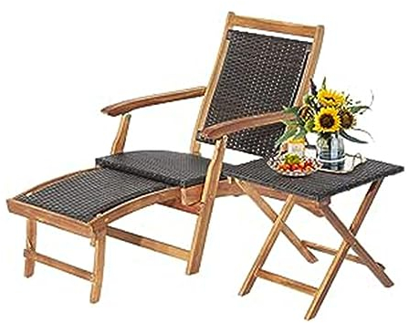 GOPLUS 2 in 1 Sonnenliege klappbar, Deckchair mit Beistelltisch, aus Akazienholz & Ratten bis 160kg belastbar, Rattenliege mit Fußstütze, Gartenliege Liegestuhl wetterfest für Garten Balkon Terasse