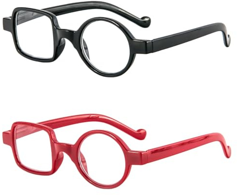 Kodilin Occhiali da Lettura Rotondi e Quadrati per Uomo e Donne, 2 Pezzi, Anti Luce Blu per Computer o Gaming, Cerniera a Molla (Nero+Rosso, 2.0)