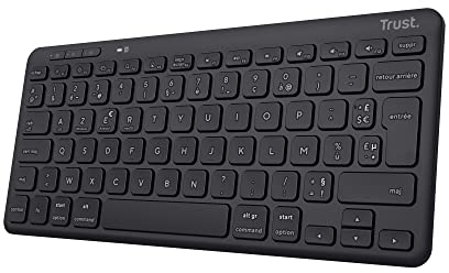 Trust Lyra - Teclado inalámbrico Bluetooth, AZERTY Belga, 85% plástico Reciclado, Mini Teclado Recargable multidispositivo para PC, Ordenador portátil, Mac, Tableta, iPad, Android, iOS - Negro