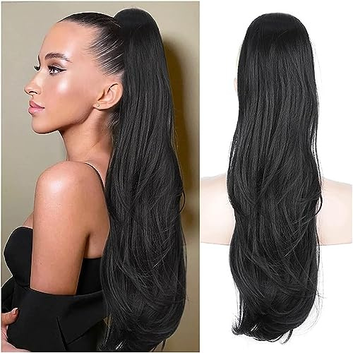 PORSMEER Lange Zopf Pferdeschwanz Haarteil Haarverlängerung mit Kordelzug Lang Glatt Wellig Natürliches Synthetik Haar Ponytail Extensions Schwarz 1B für Frauen Afro Dame,65cm