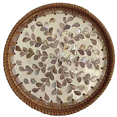Plateau de service rond en rotin avec incrustation de nacre, plateau en mosaïque tissé à la main avec base en bois pour table basse, plateau décoratif en osier laqué, panier alimentaire