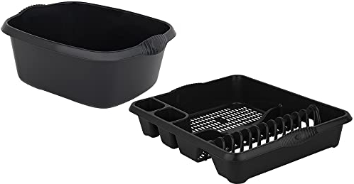 Set of Midnight Greyish Large Dish Drainer Tray Plate Rack Draining Board Stand With 39cm Rectangular Washing Up Bowl Plastic Kitchen Organiser Sink Holder