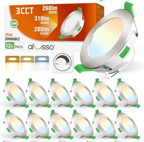 ALUSSO 12 Faretti LED da Incasso, 4W 310 Lumen Dimmerabile luci ultrasottili da soffitto e per l’illuminazione da interno, Lampada Bianco Caldo 3000K Bianco Neutro 4000K Bianco Freddo 6500K da Incasso
