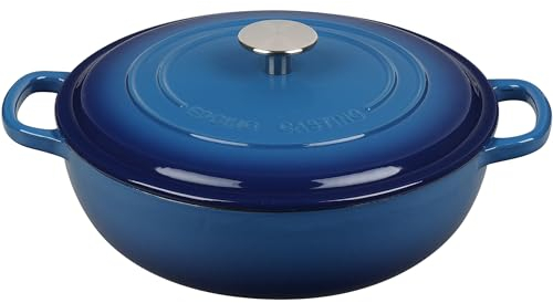 EDGING CASTING Enameled Cast Iron Dutch Oven Shallow Casserole Braiser with Dual Handle, 3.8 QT, Lake Blue