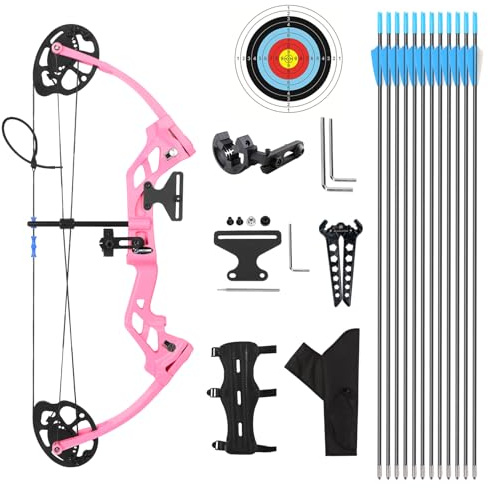 AKCHOER A208 Compound Bow and Arrow Set, 16-20 Lbs Draw Weight, Right Handed Bow for Youth Archery Beginner, Target Bow with Accessories for Outdoor Sports Shooting Training(Pink)