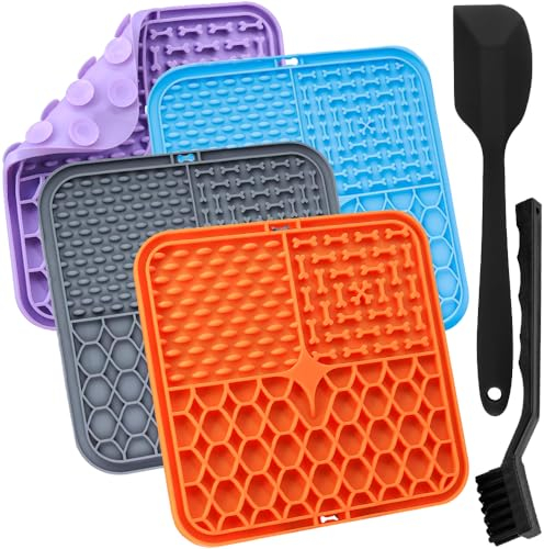 Aileem 4 Stück Leckmatte Hund, Schleckmatte Hund für Welpen Katze mit Saugnapf - Slow Feeder Hunde Leckmatte für Haustier Baden & Fellpflege, mit Silikonspatel + Bürste