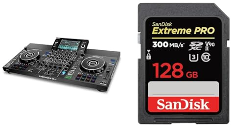 Denon DJ SC LIVE 4 - Standalone DJ Controller, 4-Channel Mixer & SanDisk 128GB Extreme PRO SDXC card up to 300 MB/s UHS-II Class 10 U3 V90