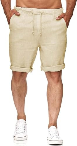 Runcati Bermuda en lin pour homme - Léger - Élastique - Avec 2 poches, beige, M