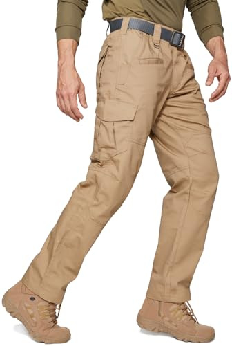 SPOSULEI Taktische Hose Herren Ripstop Cargohose Leichte Outdoor Wanderhose Arbeitshosen wasserdichte Militär Safari Hose Mit 9 Taschen Khaki 44Wx34L