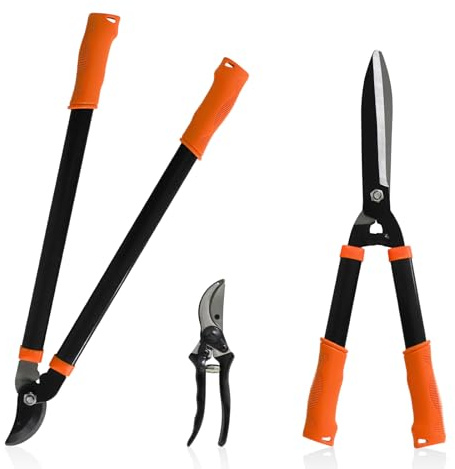 ECOOPTS - 3 Piece Garden Tool Set with lopper, hedge shears and bypass pruner, tree and shrub care kit, gardening tools for indoor gardening and