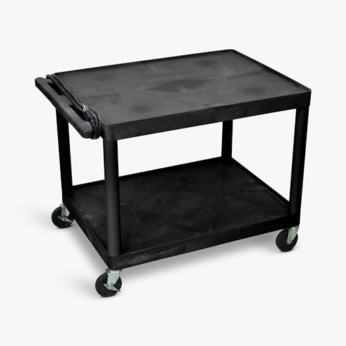 Classroom Basics LP27E-B AV Cart, 2-Shelf Electric Media Utility Cart with 3-Outlet Power Strip and 15' Cord, 200 lb Capacity, 32 W x 24 D x 27 H, Molded Plastic, 4 Locking Casters, Black