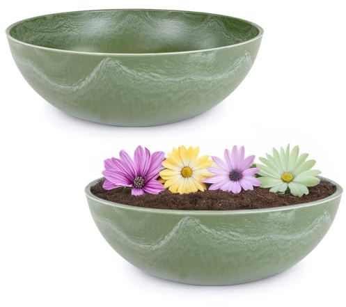 matches21 Pflanzschalen für draußen - 2 Vintage Dekoschalen grün marmoriert als Blumentopf Pflanztopf - Schale in 25 cm als Garten Vogeltränke Balkon-Deko oder Friedhof Grabschale