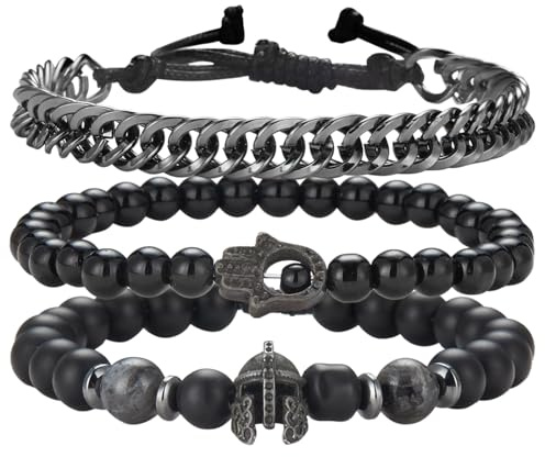 Dazylleco Set di 3 Bracciali da Uomo: Bracciali Pietre Naturali, Bracciale a Catena Cubano, Bracciale in Corda Regolabile - Regali di Gioielli Fatti a Mano per Uomo