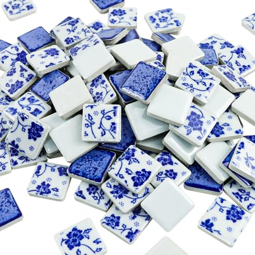 Yatinkim 1x1 Inch 121 Pcs Square Porcelain Tiles Ceramic Mosaic Blue White Pieces Art Craft DIY Home House Bathroom Vase Floor Pool Flower Pots Decor