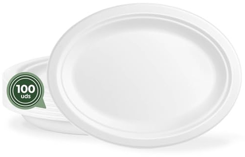 MAXI PRODUCTS - 100 Platos de Caña de Azúcar Desechable - 26 x 19 cm - Plato Vajilla - Plato Caña Azúcar Desechable - Platos para Catering, Eventos y Celebraciones - APTO ALIMENTARIO