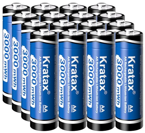 Kratax 1.5V Rechargeable Battery AA Lithium 16Pack - 3000mWh High Capacity Constant Output Double A Batteries,1600Cycle Long-Lasting Recharge Li-ion AA Size, Max 3.8A Discharge- Only Battery