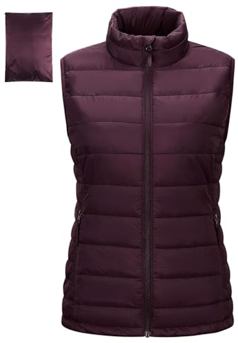 Outdoor Ventures dam quiltad väst packbara övergångsvästar fodrad hybrid sportväst dam varm kroppsvärmare cykelväst med ståkrage för vandring camping, lila, M