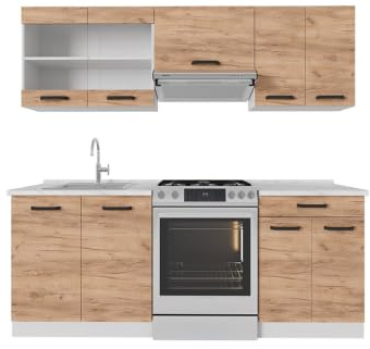 Vicco Küchenzeile R-Line, Küchenblock, Goldkraft Eiche/Weiß, 200 cm AP Marmor