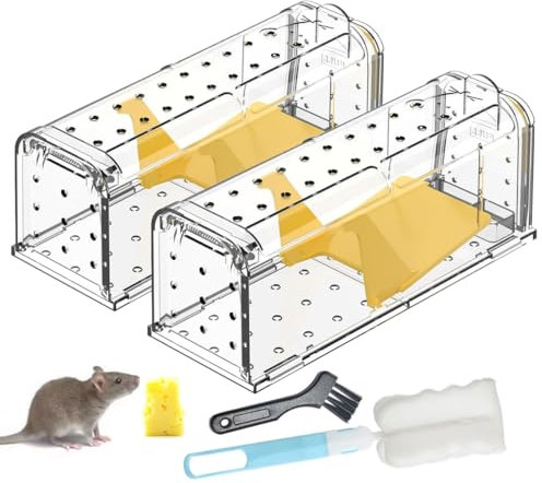 2 Pack Humane Mouse Traps for Indoors No Kill Live Catch,Pets and Children Friendly Mouse Trap Mice Release Mouse,Washable Reusable Outdoors Rat Traps with Cleaning Brush,Field Mouse Rodent Control