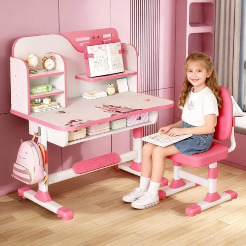 cukoekim Juego de sillas de escritorio de estudio para niños, juego de escritorio y sillas ajustables para niños, sillas de mesa de estudio escolar, escritorio de aprendizaje escolar en casa con