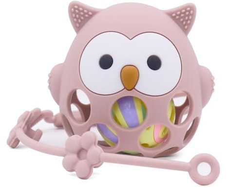MÜVI – Mordedor bebé con sonajero y correa, texturas sensoriales para dentición, diseño que mejora coordinación mano-boca, +3 meses, silicona alimentaria, sin BPA - Baby teether (Rosa Palo)