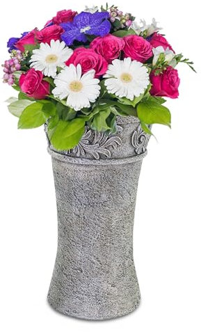 Beau vase funéraire à poser, gris, diamètre : 12 x 22 cm, en pierre synthétique, résistant aux intempéries, pour cimetière