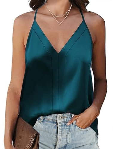 Koerye Top de Satén para Mujer Camiseta de Tirantes Finos Ajustables Top Verano Básica Blusas Sin Mangas Casuales Camisole Chalecos Interiores(Verde,M)