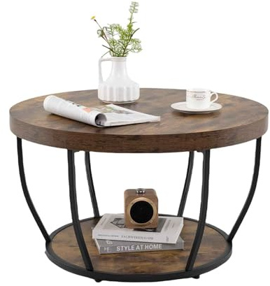 LIFEZEAL Mesa de Centro Redonda, Mesa de café de 2 Niveles con Estructura de Metal, Mueble de sofá para salón, 80 x 80 cm, Estilo Industrial (Marrón)