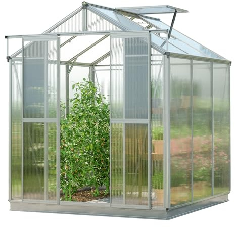 GFP Invernadero Picco 3 Estructura de Aluminio 179 x 195 cm Placas de policarbonato de 8 mm - con Marco de cimentación y 1 Sistema de Apertura autom. de Ventana