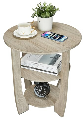 ZEXVIDA Beistelltisch Rund Holz, Couchtisch Vintage Pastoralstil, 3-stufiger Runder Beistelltisch mit Stauraum, Nachttisch Kleiner Tisch Sofatisch für Wohnzimmer Schlafzimmer Balkon (Eiche)