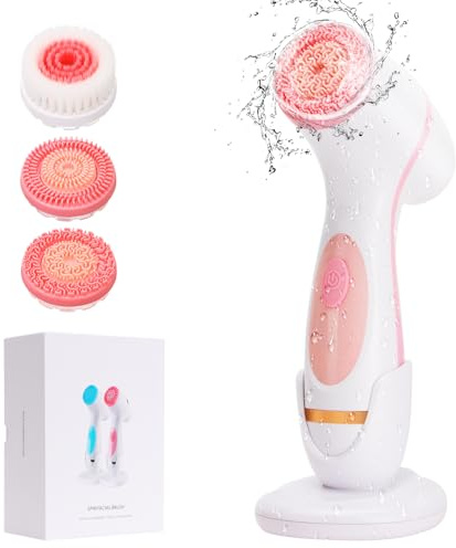 Facial Cleansing Brush, 3 in 1 Electric Face Scrubber with 3 Brush Heads for Women/Men, Waterproof Rechargeable Face Cleansing Brush for Dry Oily Sensitive Skin (Pink)