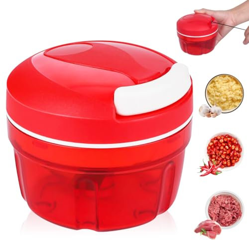 Cortador de Cebolla, 300ML Picadora de Vegetal Manual con Cuerda, Mini Picadora Cebolla con Cuchillas de Acero Inoxidable, Cortador Múltiple para Chile, Ensalada, Carne, Ajo, Nueces, Frutas(Rojo)