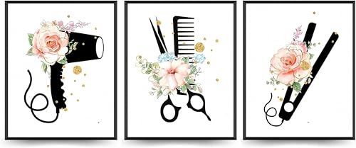Linilioart Lot de 3 outils de coiffure, ciseaux à cheveux, peinture, séchoir à friser sur toile, affiches pour décoration de salon de coiffure, sans cadre (40 x 60 cm)