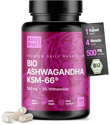 Nouriki Bio Ashwagandha KSM-66® 500mg hochdosiert – 120 Kapseln | 5% Withanolide | Vegan & ohne Zusätze | EU-Bio-zertifiziert