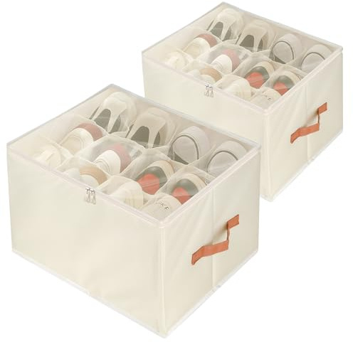WeeGoo 2 Pack Beige Shoe Storage Box, 43x32x30 cm | Foldable, 24 Cell Space Saver Shoe Containers Bin with Clear Lid, for Store Shoes