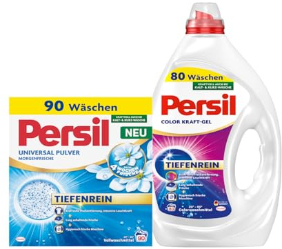 PERSIL Universal Pulver Morgenfrische 90 WL 4,95 kg + Gel Color 80 WL 3,6 l – Waschmittel Set für weiße & bunte Wäsche