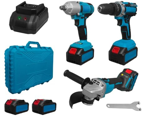 Mediawave Store - Kit atornillador taladro y amoladora inalámbrica - Doble batería recargable 72 V, juego de 3 herramientas en maletín