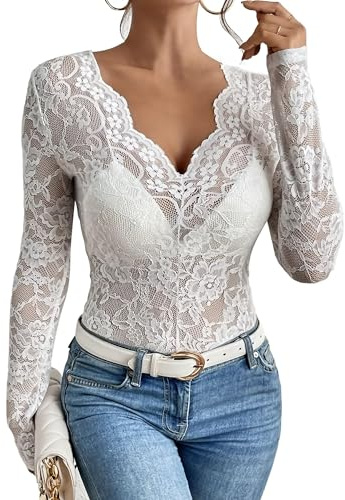 Generisch Dam Sexig Spets Topp Genomskinligt Mesh-skjorta V-ringning Elegant Blus Genomskinlig Topp Långärmad Spetsblusa med Floral Alldag Party Outfit Y2K Spets Toppar Dam, Vit, M