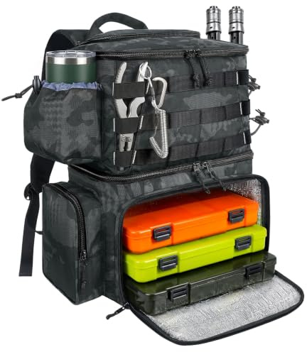 MATEIN Mochila de Pesca Impermeable con Compartimento Térmico, Mochila Pesca Doble Compartimento con Portacañas y Múltiples Bolsillos para Senderismo y Camping, Regalo para Pescadores, Camuflaje