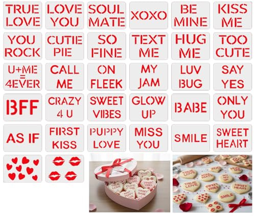 Conversation Hearts Love Cookies Stencils Decorations, 32-Types Anniversary Cookie Stencil with Letters, Love Phrase Sign and Other Pattern Cookie Stencil Decor