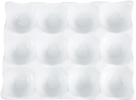 TOGEVAL Vassoio Portauova in Ceramica Bianco 12 Posti Portauova per Frigorifero Design Scanalato Anti-Collisione Resistente e Stabile per Uso Domestico