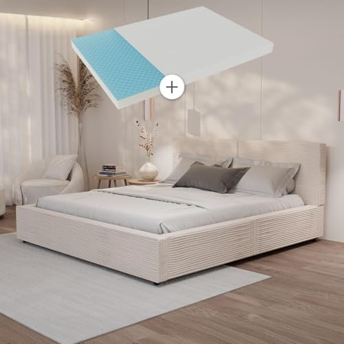 Juskys Polsterbett Salerno 180 x 200 cm mit Matratze – Cord Beige, modernes Bett mit Kopf- & Fußteil, stabilem Holz- & Metallrahmen, Lattenrost, 500 kg Tragkraft