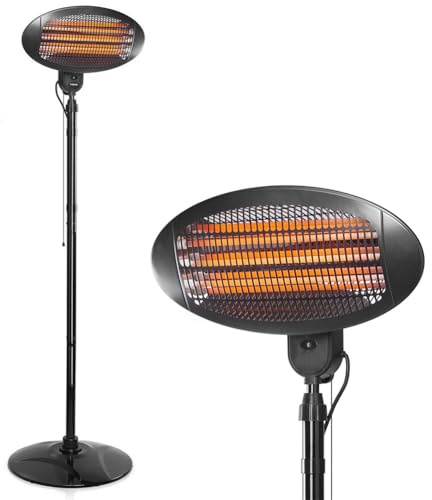 BAKAJI Stufa Elettrica a Piantana da Esterno e Interno a Infrarossi 2000W a Basso Consumo, Riscaldatore Alogeno al Quarzo 2in1 da Terra e Parete con Cavo, 3 Livelli Potenza, Risparmio Energetico