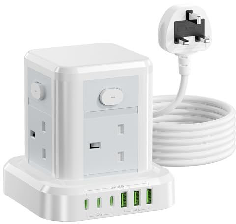 Cube Extension Lead with USB Slots, 4 Way Multi Plug Extension Socket with 3 USB C 3 USB A(13A/3250W) Tower Power Strip with 4 Independent Switches 3M Extension Cords for Desk Home Office Travel