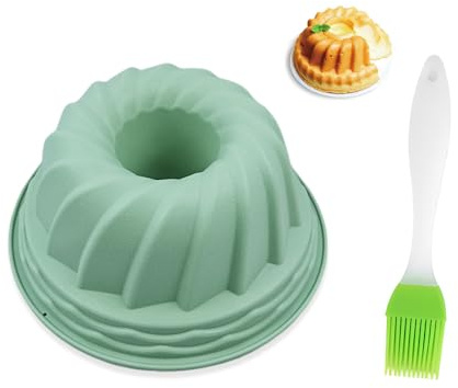 HMCEY Molde Bizcocho Horno 24 CM,Molde Savarin Silicona con Cepillos,Moldes Reposteria Tartas,Moldes Chocolate para Bombones,Forma para Tartas Reutilizable para Dulces, Gelatina, Pan - Verde Morandi