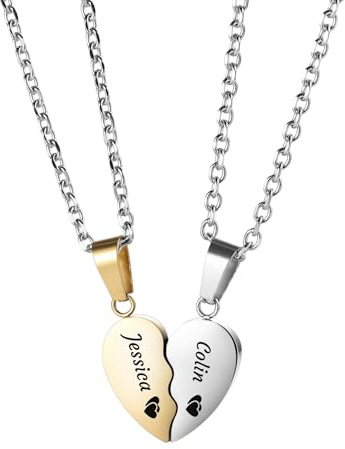 MMXX Personalisierte 2 Teilige Partnerketten Herzkette aus Edelstahl mit Gravur Name Datum Freundschaftskette mit Doppelherz für Freundin Freund BFF