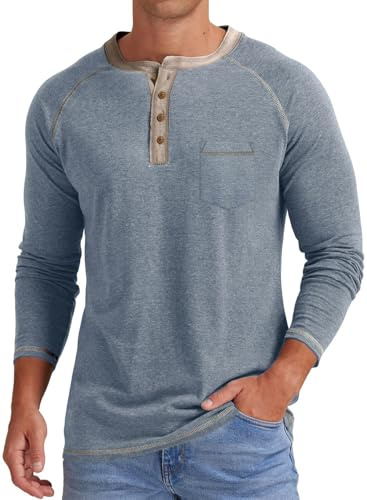 JMIERR Mens Henley T Shirt Long Sleeve Tops Casual Pullover | Cotton,V Neck Tee Shirt,Button up Tops,with Pocket,Light weight,Men's fashion,Retro,Smart,Grandad shirts