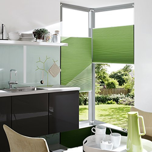 Liedeco® Thermo Plissee verspannt mit Klemmträger / 100 x 130 cm apfelgrün/verdunkelnd Blickdicht stufenlos verstellbar und energiesparend/leichte Innen-Montage ohne Bohren / 123 montiert